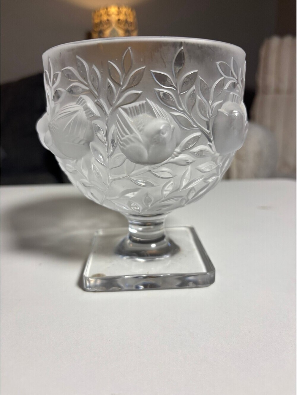 Vtg Lalique France Elizabeth Crystal Pedestal Bowl Frosted Birds Sparrows Signed